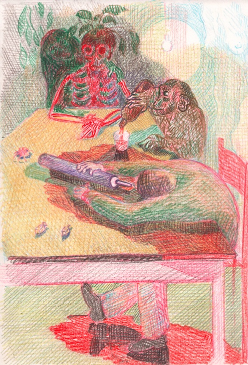 Les psychopompes: jantar; aranha; longue vue; alcool; toupies (2); flaque etc…